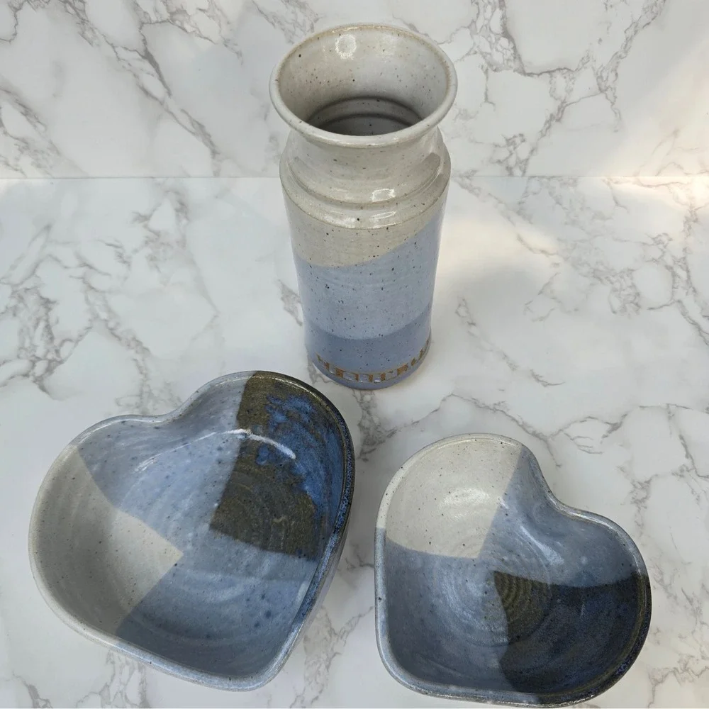 Studio Pottery Blue Glazed Vase and Heart Bowls Set Signed Artisan Stoneware